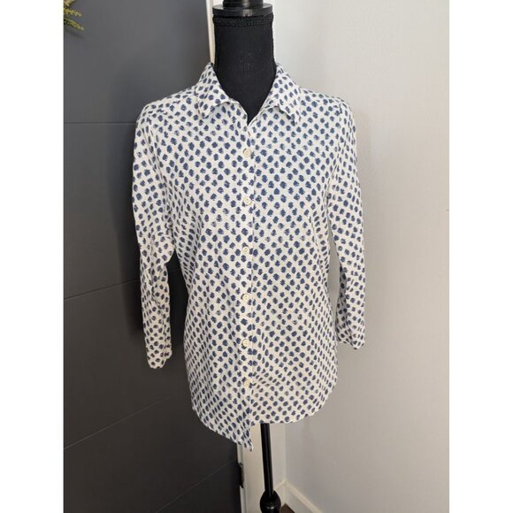 Hester & Orchard Tops - Hester & Orchard White & Blue Polka Dot Linen Blend Button-Up Shirt -‎ Small
